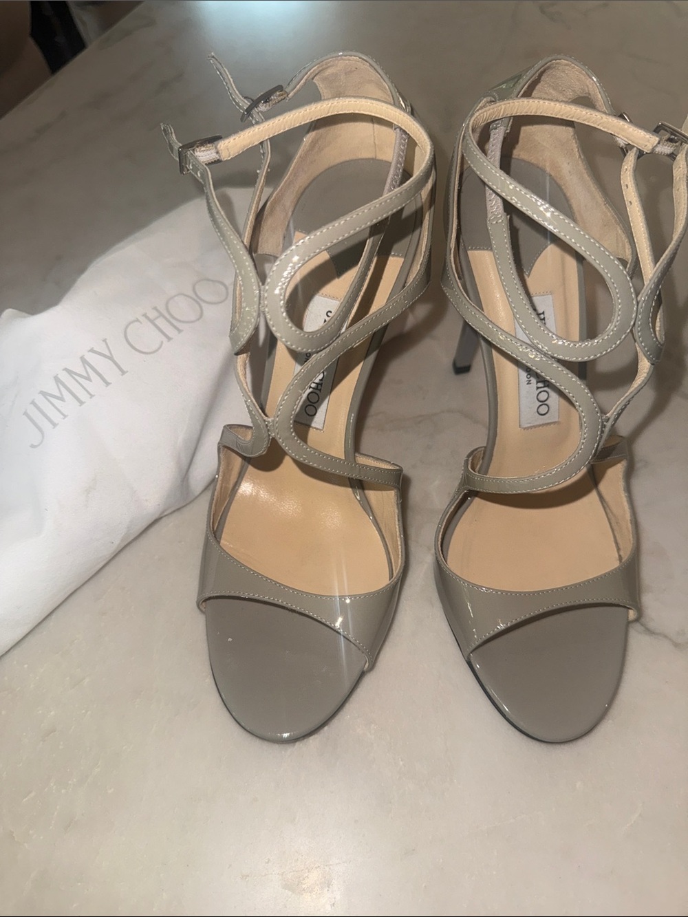 Jimmy Choo Light Grey Patent Leather Strappy Heels